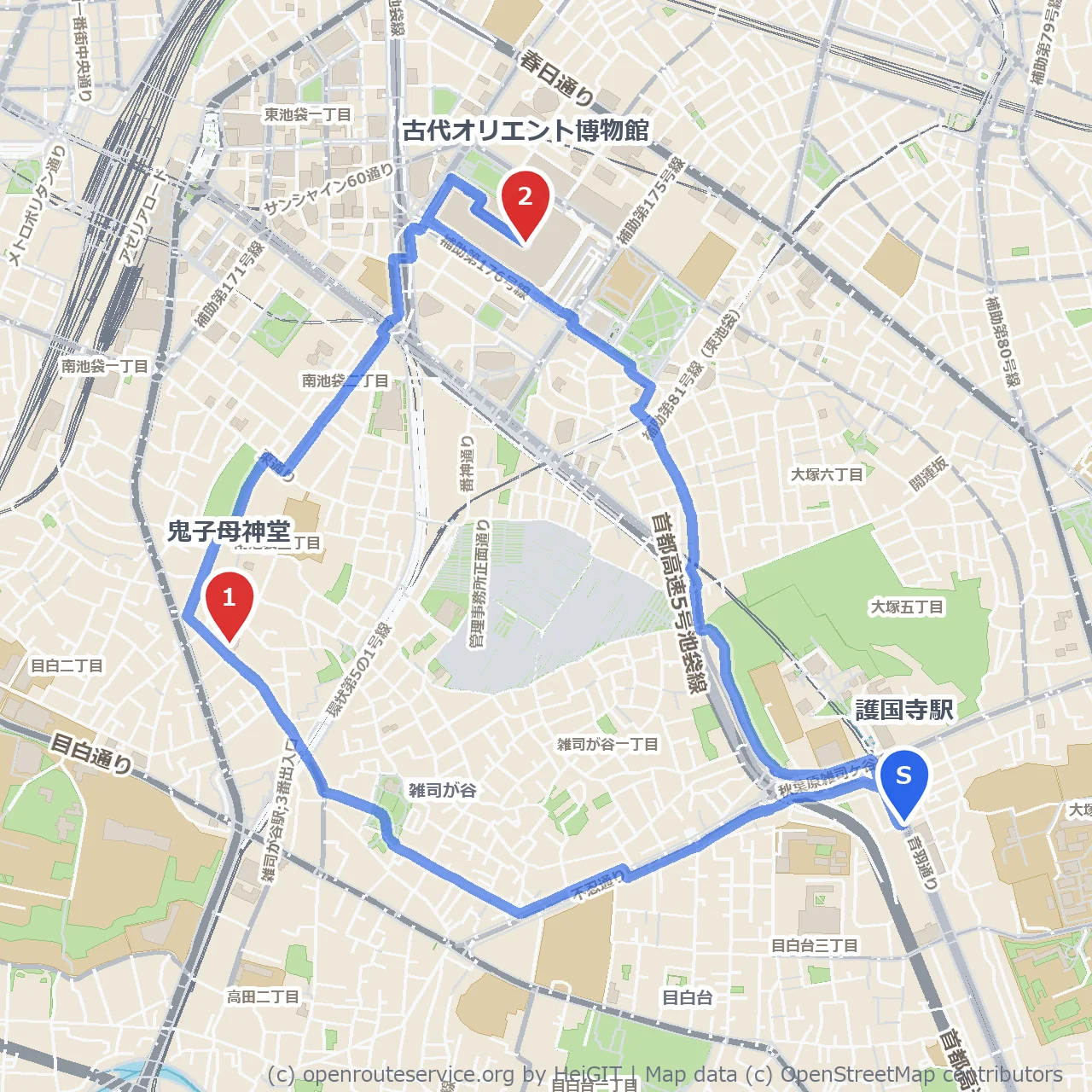 護国寺駅から鬼子母神と古代オリエント博物館散策 のコースマップ