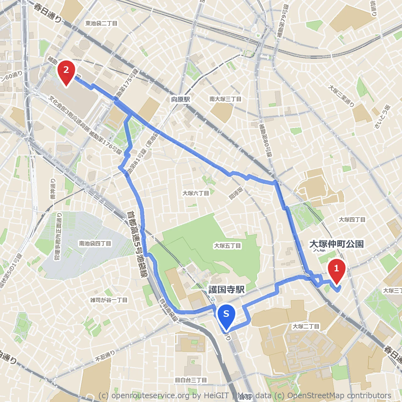 大塚仲町公園からサンシャイン60展望台の絶景散策路 のコースマップ
