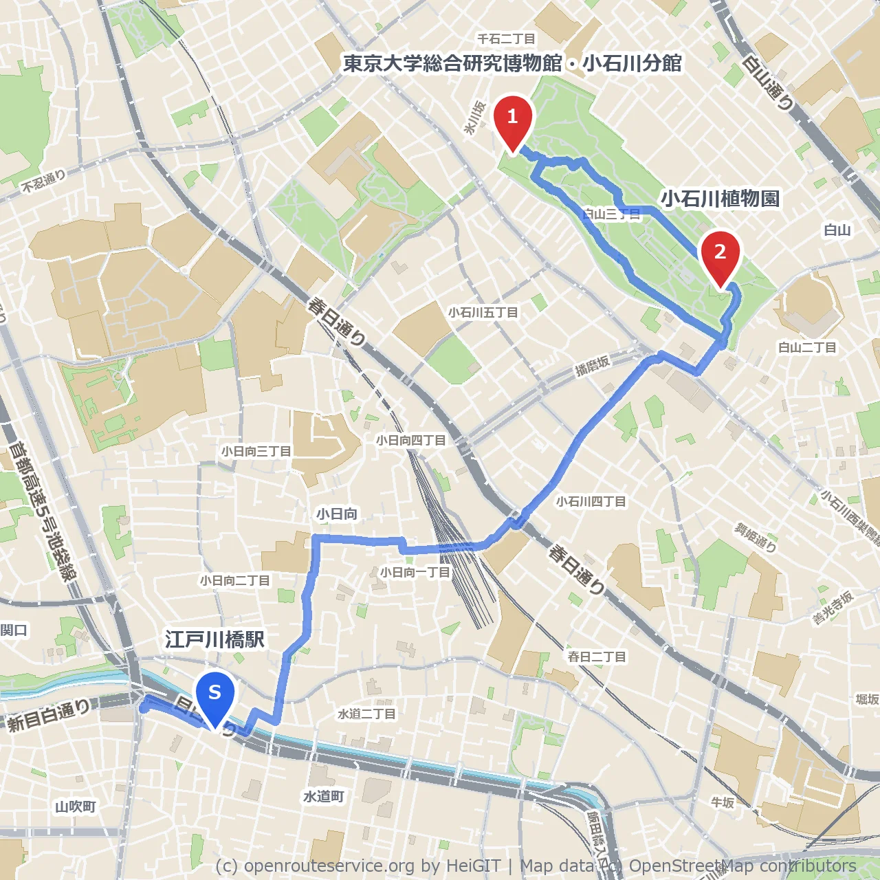 東大小石川分館から小石川植物園の自然散策 のコースマップ