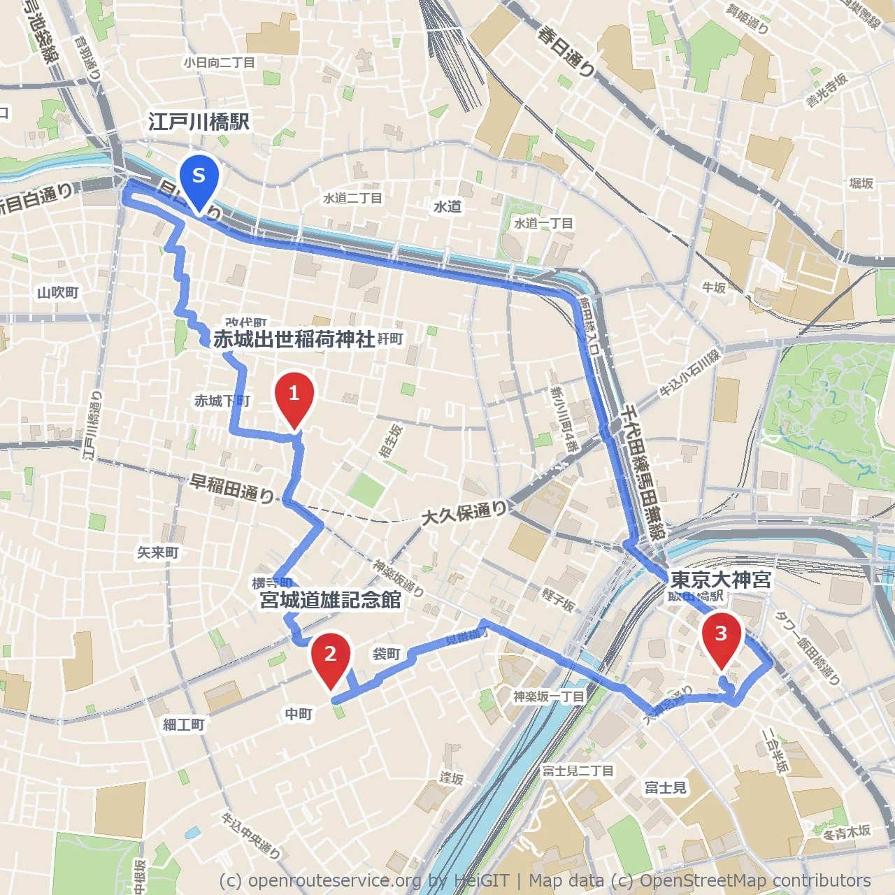 赤城出世稲荷と宮城道雄記念館を訪ねる静かな散歩道 のコースマップ