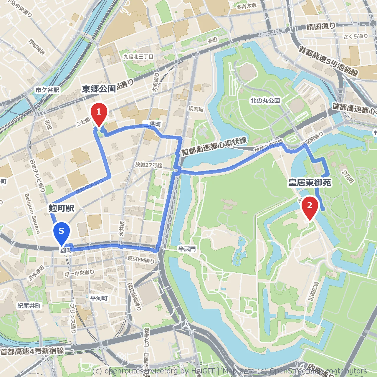 東郷公園から皇居東御苑へ自然と歴史の散歩道 のコースマップ
