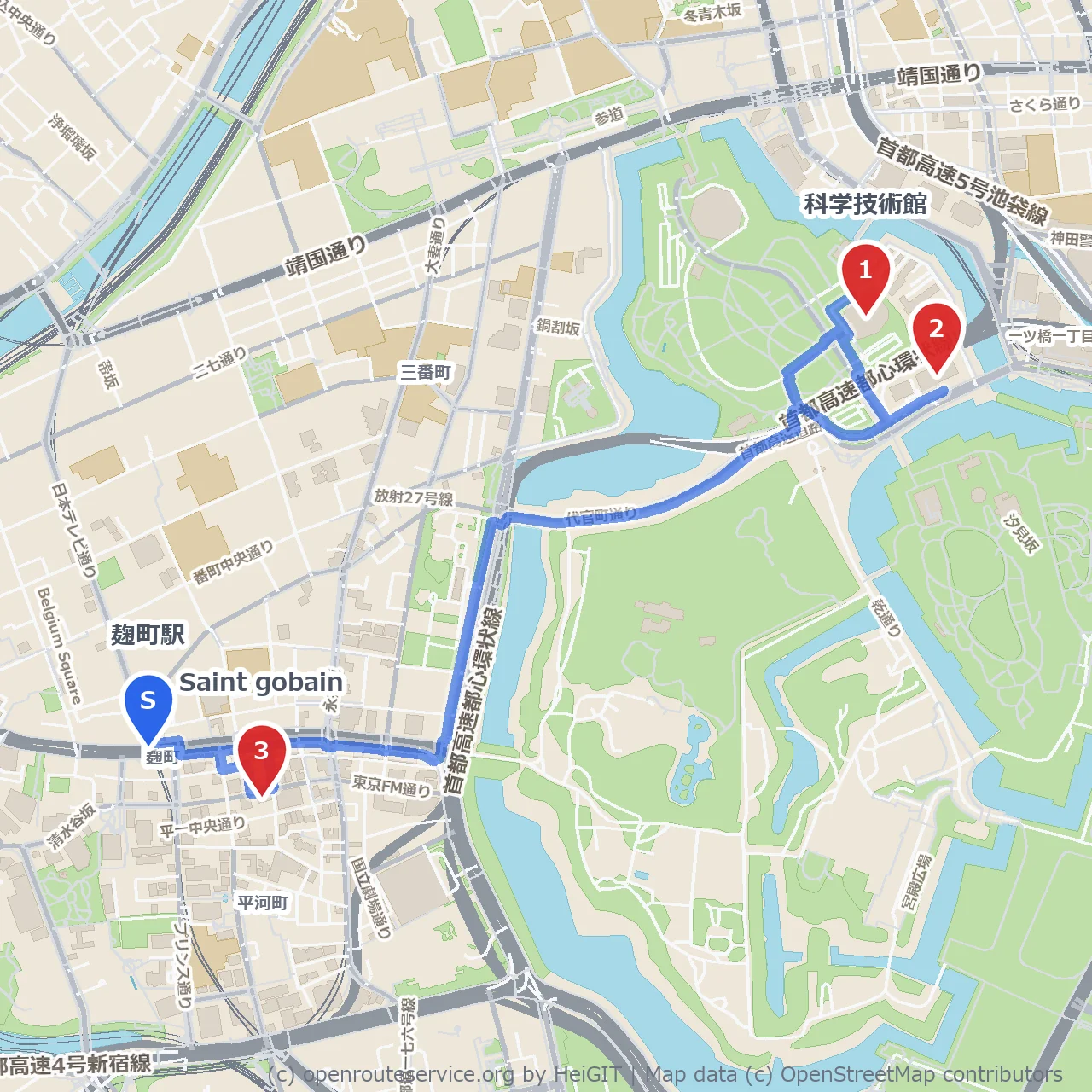科学技術館と近代美術館をめぐる麹町の文化散歩 のコースマップ