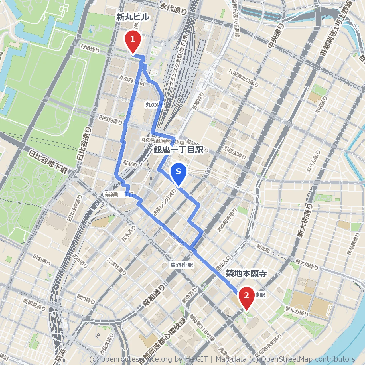 新丸ビルから築地本願寺へ歴史散策の道 のコースマップ