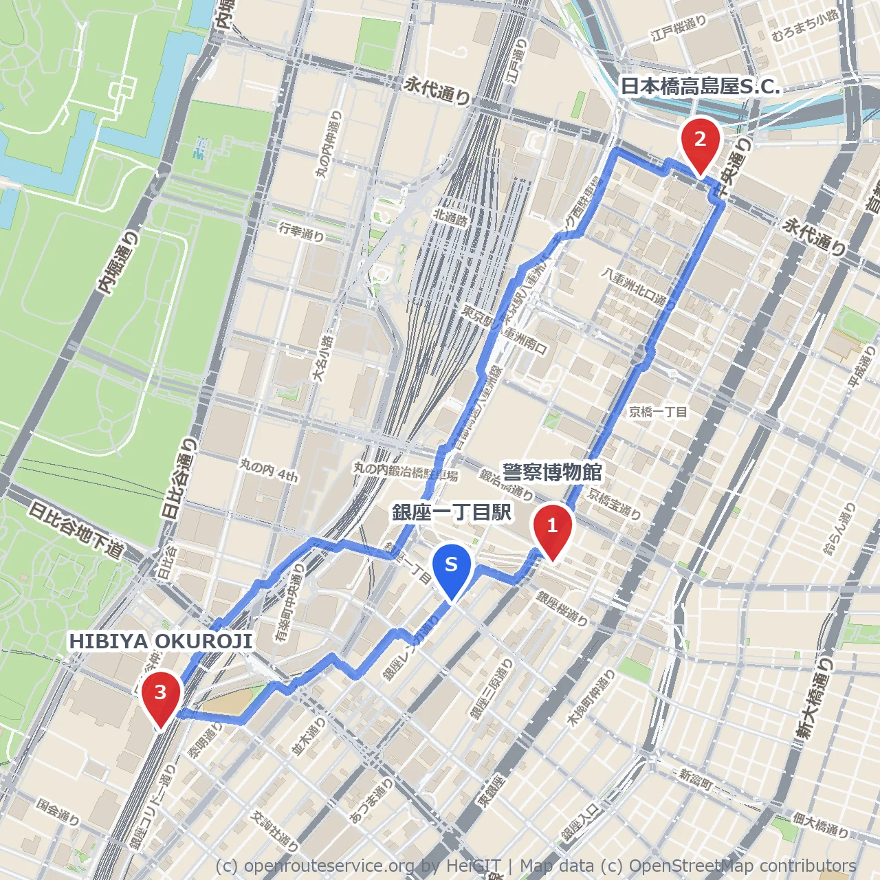 警察博物館と日本橋高島屋で楽しむ文化散歩 のコースマップ