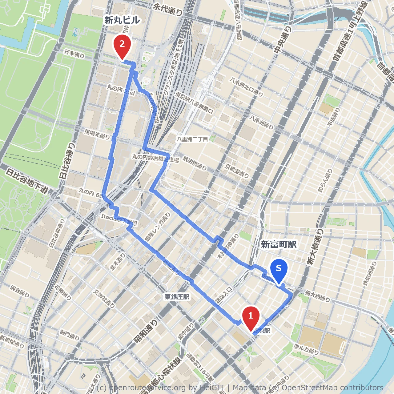 築地ターレットコーヒーから新丸ビル散策路 のコースマップ