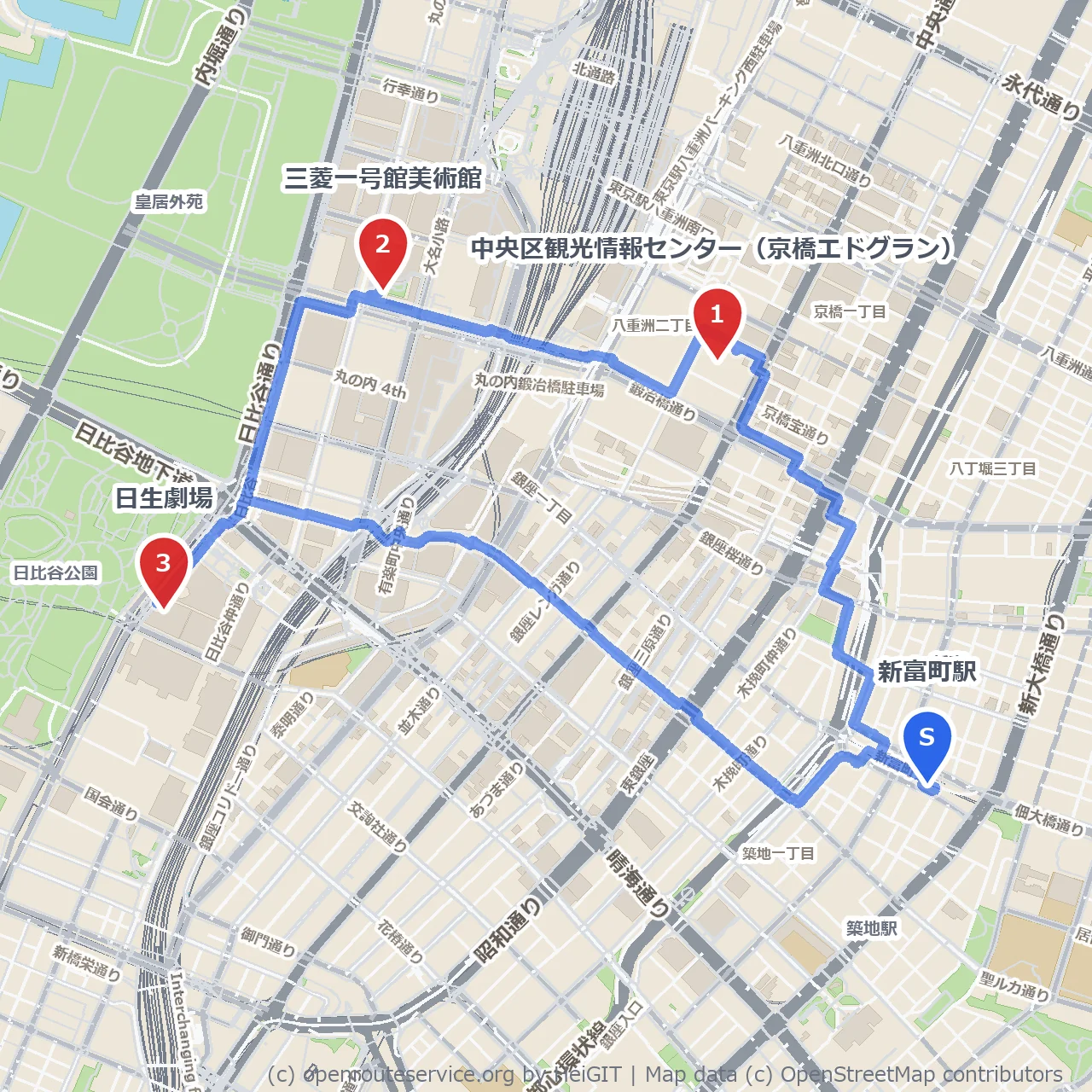 京橋エドグランから美術館と劇場散歩道 のコースマップ