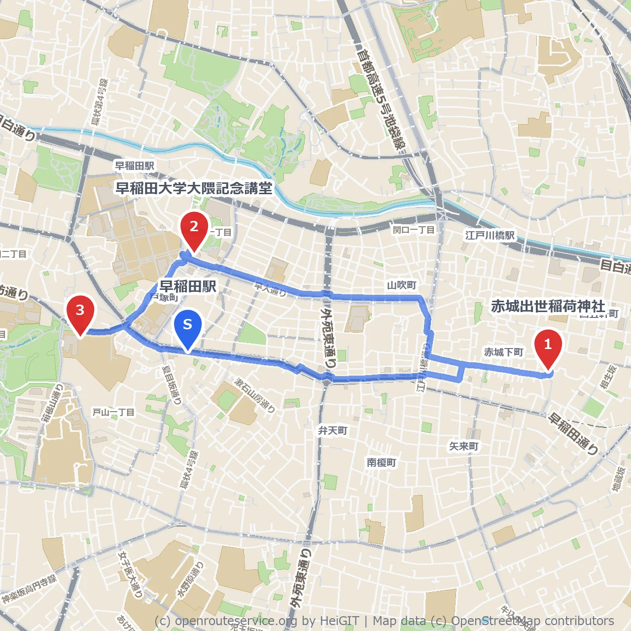 早稲田大学周辺の歴史とスポーツ博物館巡り のコースマップ