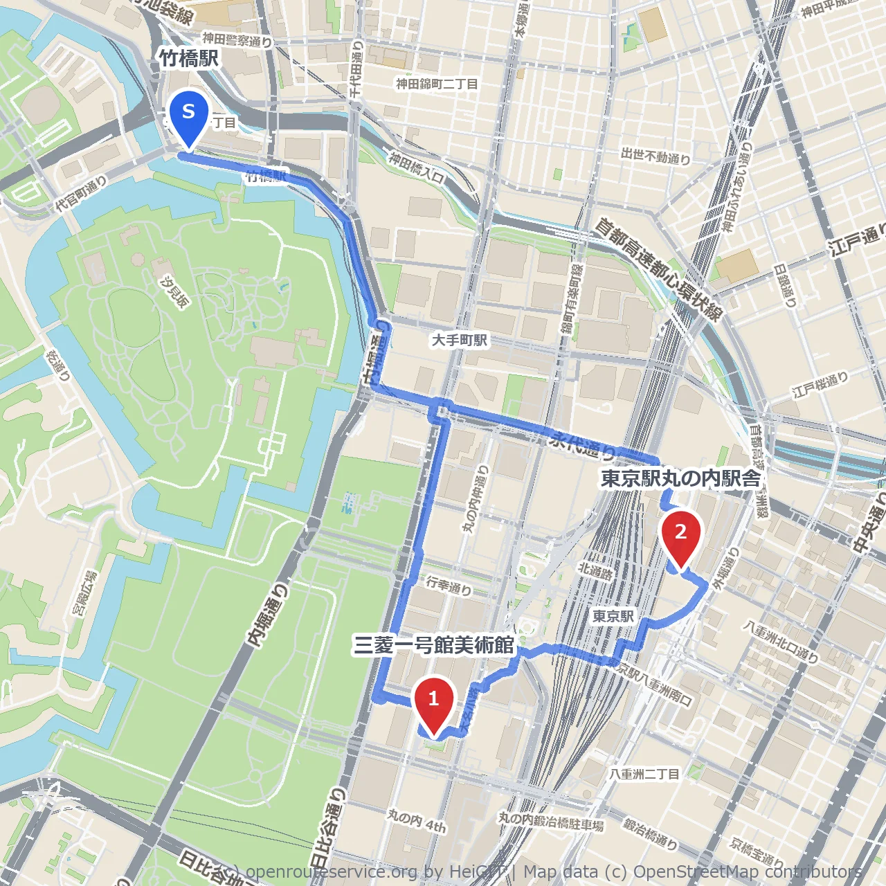 三菱一号館美術館から東京駅丸の内歴史散策 のコースマップ