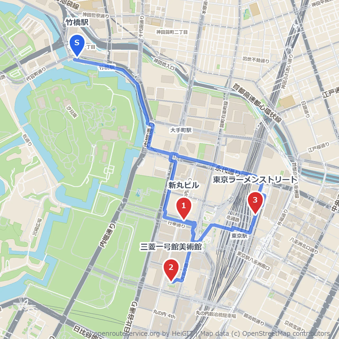 新丸ビルと三菱一号館美術館周辺ラーメン街道歩き のコースマップ