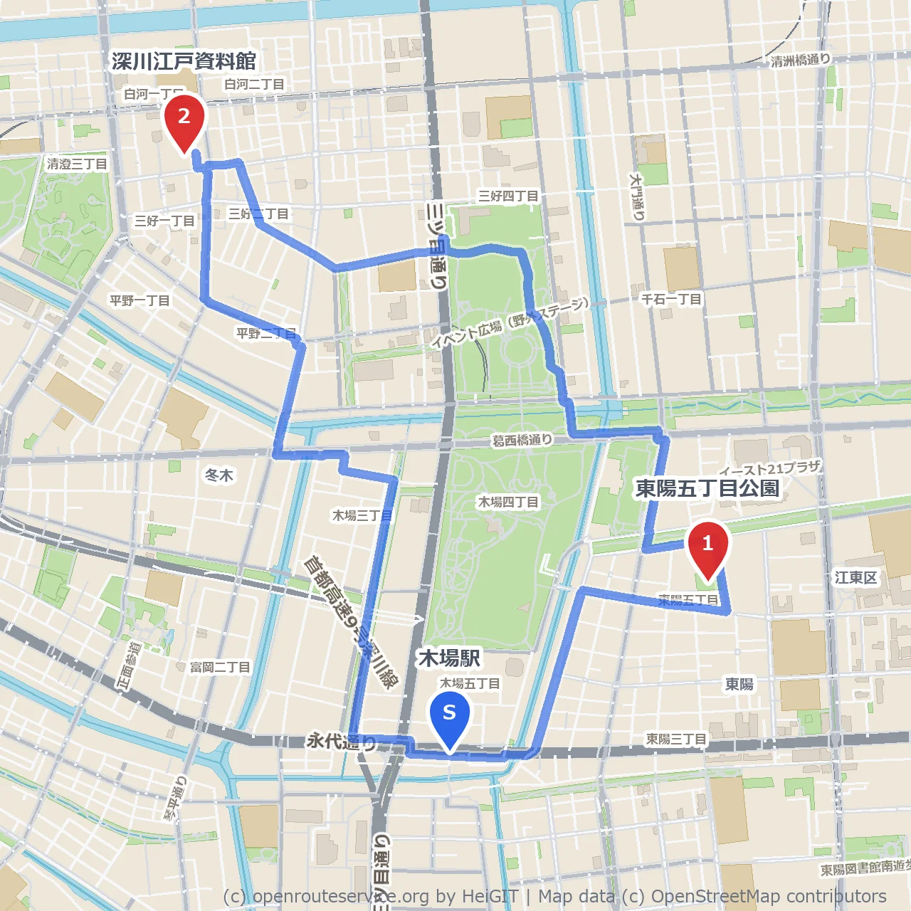 東陽五丁目公園から深川江戸資料館の歴史散歩 のコースマップ