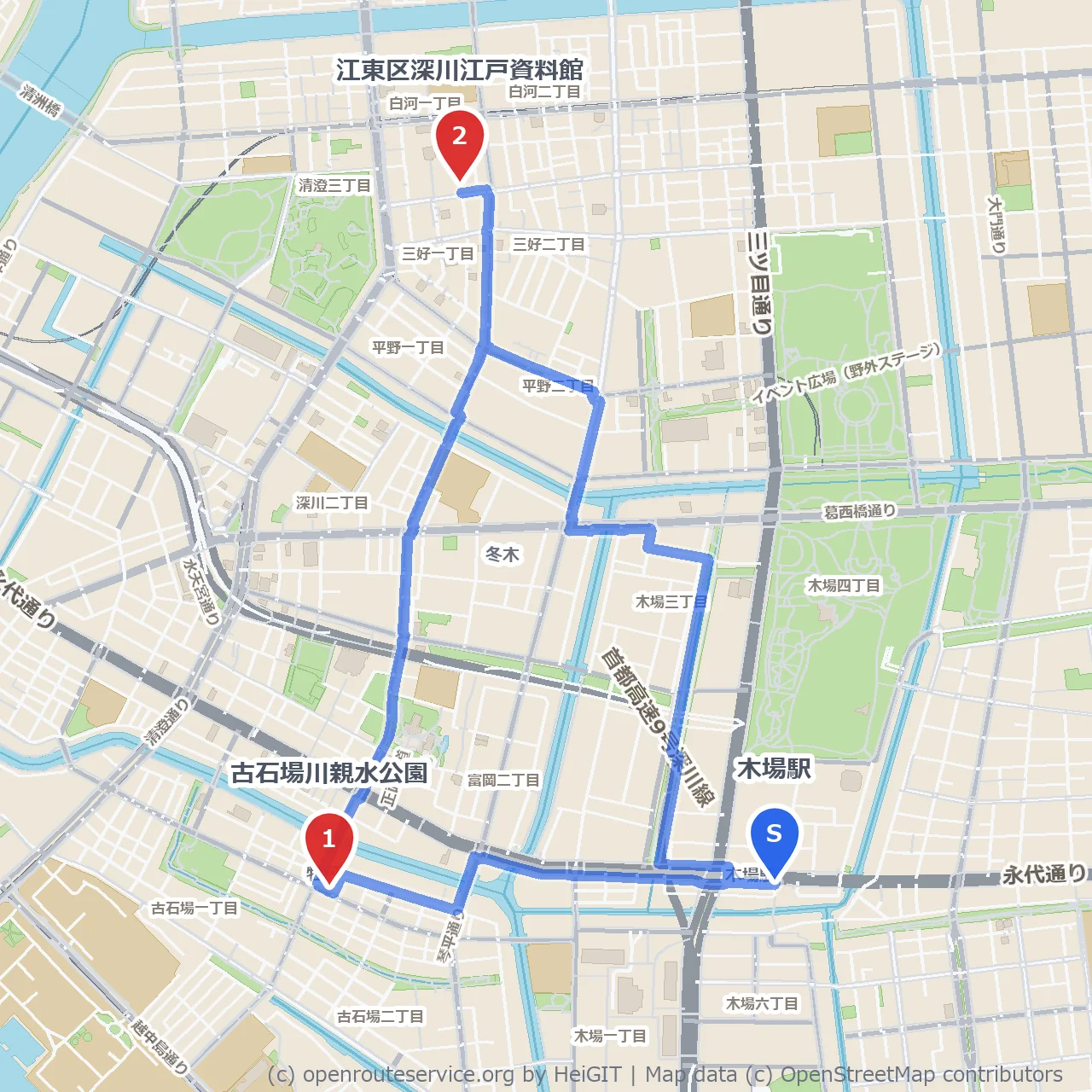 古石場川親水公園と深川江戸資料館の自然と文化歩き のコースマップ