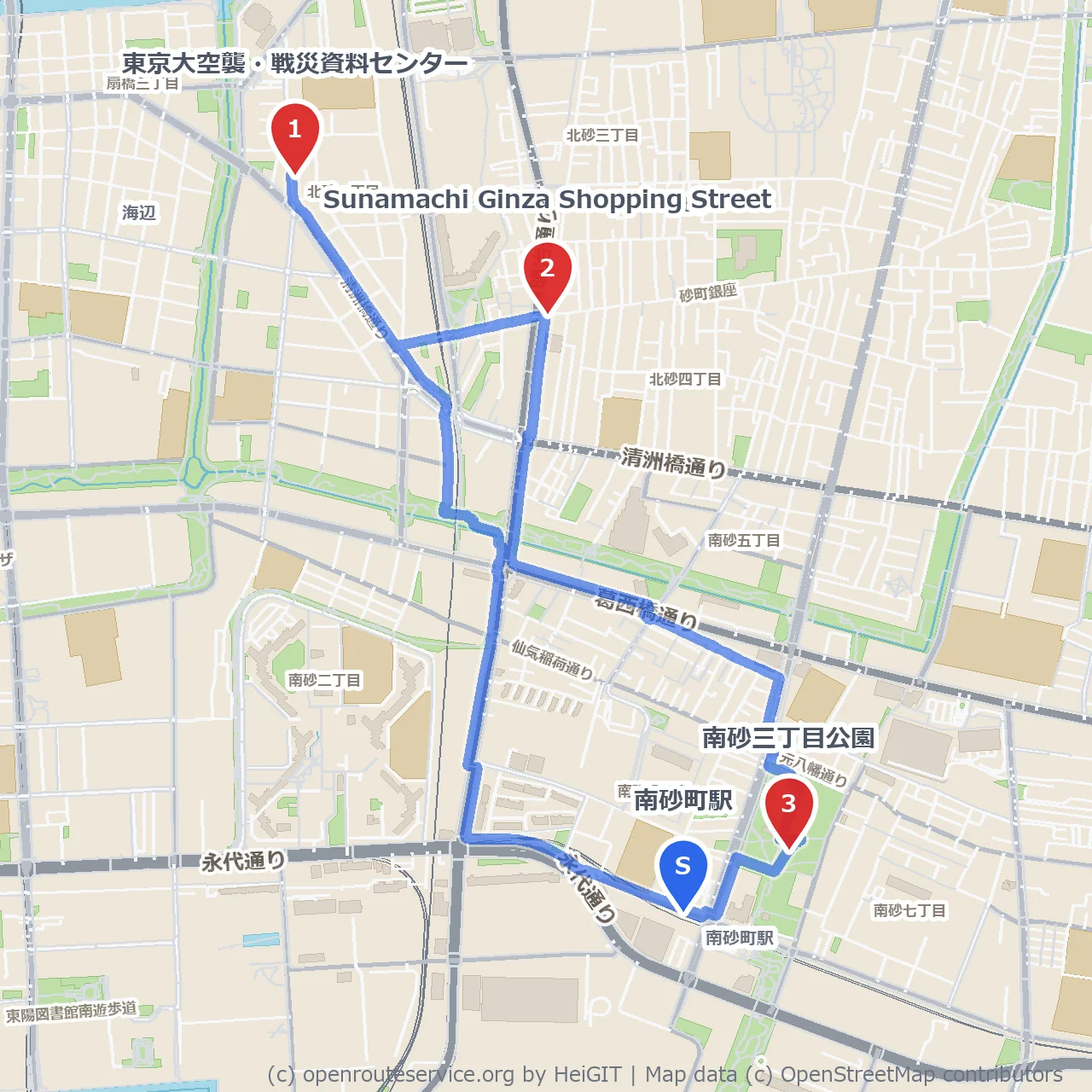 南砂町駅近く 東京大空襲資料館と砂町銀座散歩 のコースマップ