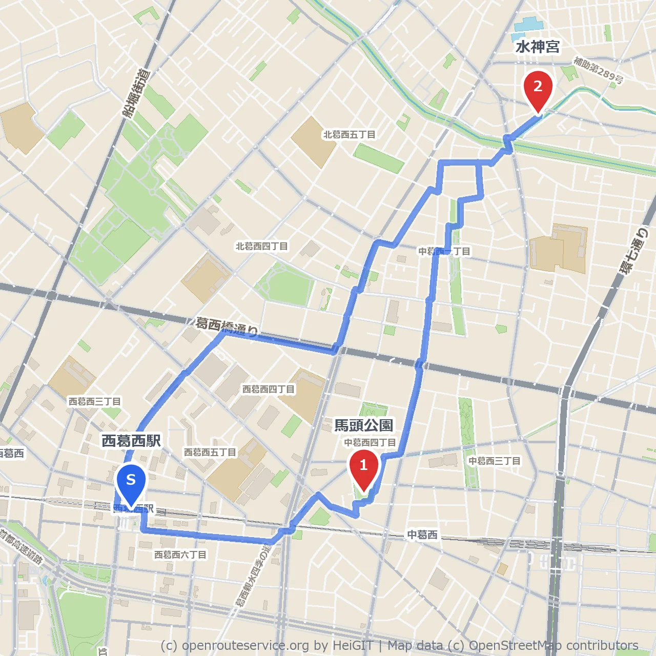 馬頭公園と水神宮を結ぶ静かな参道 のコースマップ