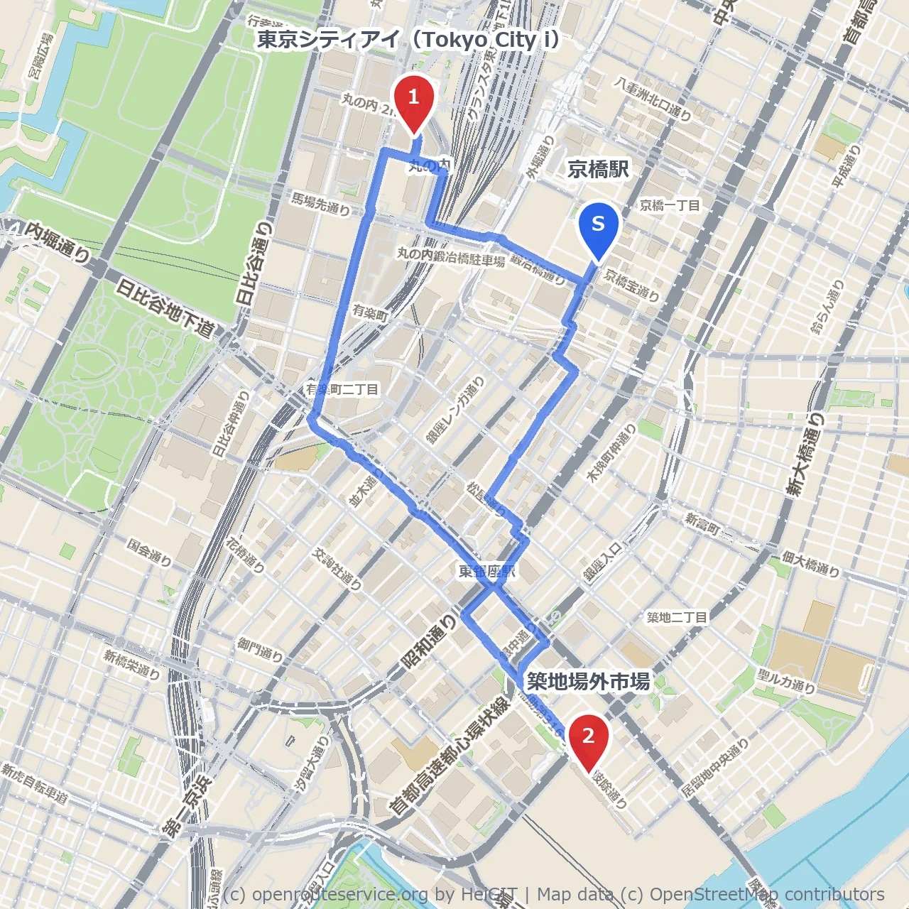 京橋から築地場外市場 東京シティアイ散策 のコースマップ