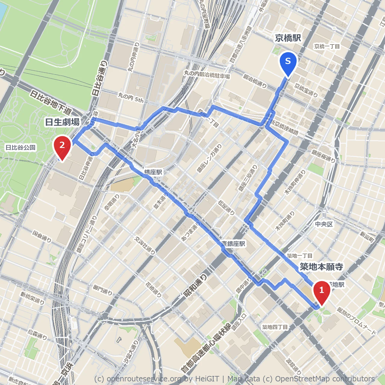 築地本願寺から日生劇場を結ぶ静かな街歩き のコースマップ