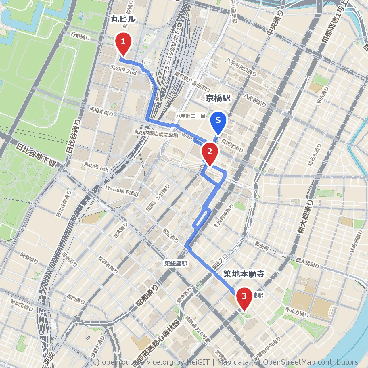 丸ビルと警察博物館を訪ねる京橋周辺散歩 のコースマップ