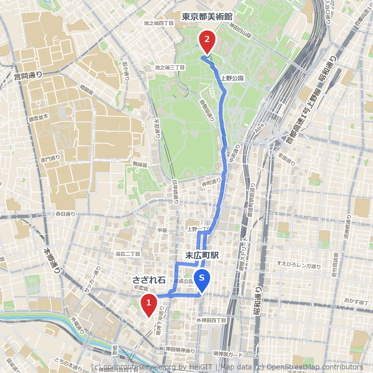 末広町から東京国立博物館へ自然と芸術散歩 のコースマップ
