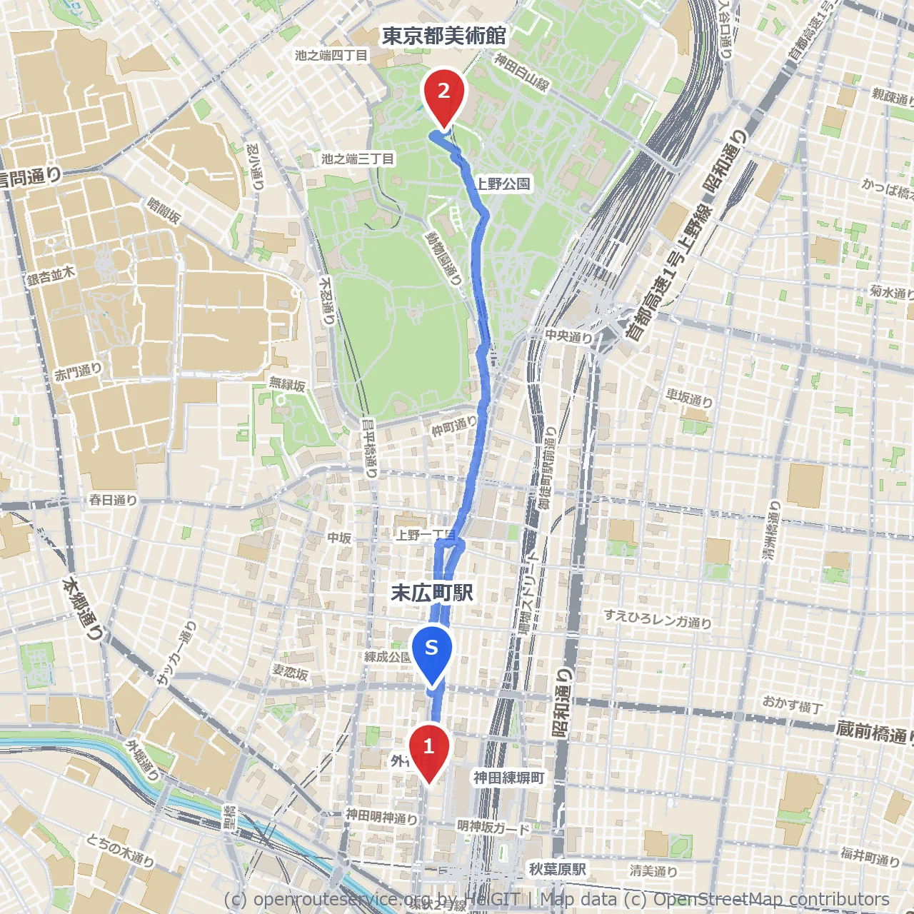 秋葉原から東京都美術館までの芸術と街歩き のコースマップ