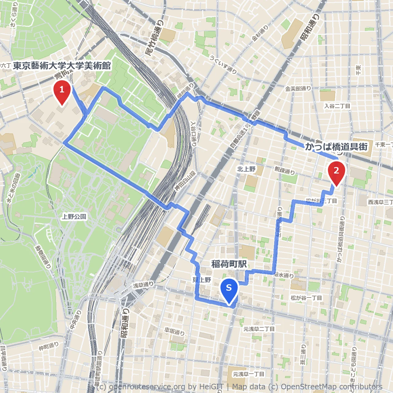 藝大美術館からかっぱ橋道具街を巡る散策路 のコースマップ