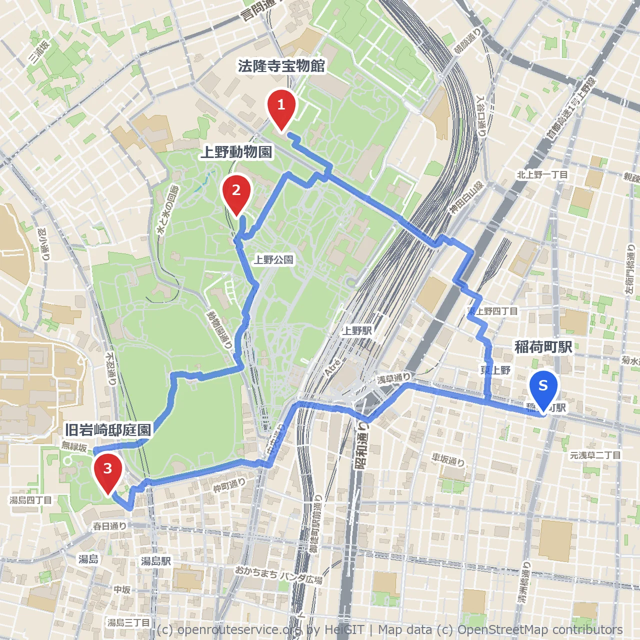 法隆寺宝物館と上野動物園、旧岩崎邸庭園の歴史散歩 のコースマップ