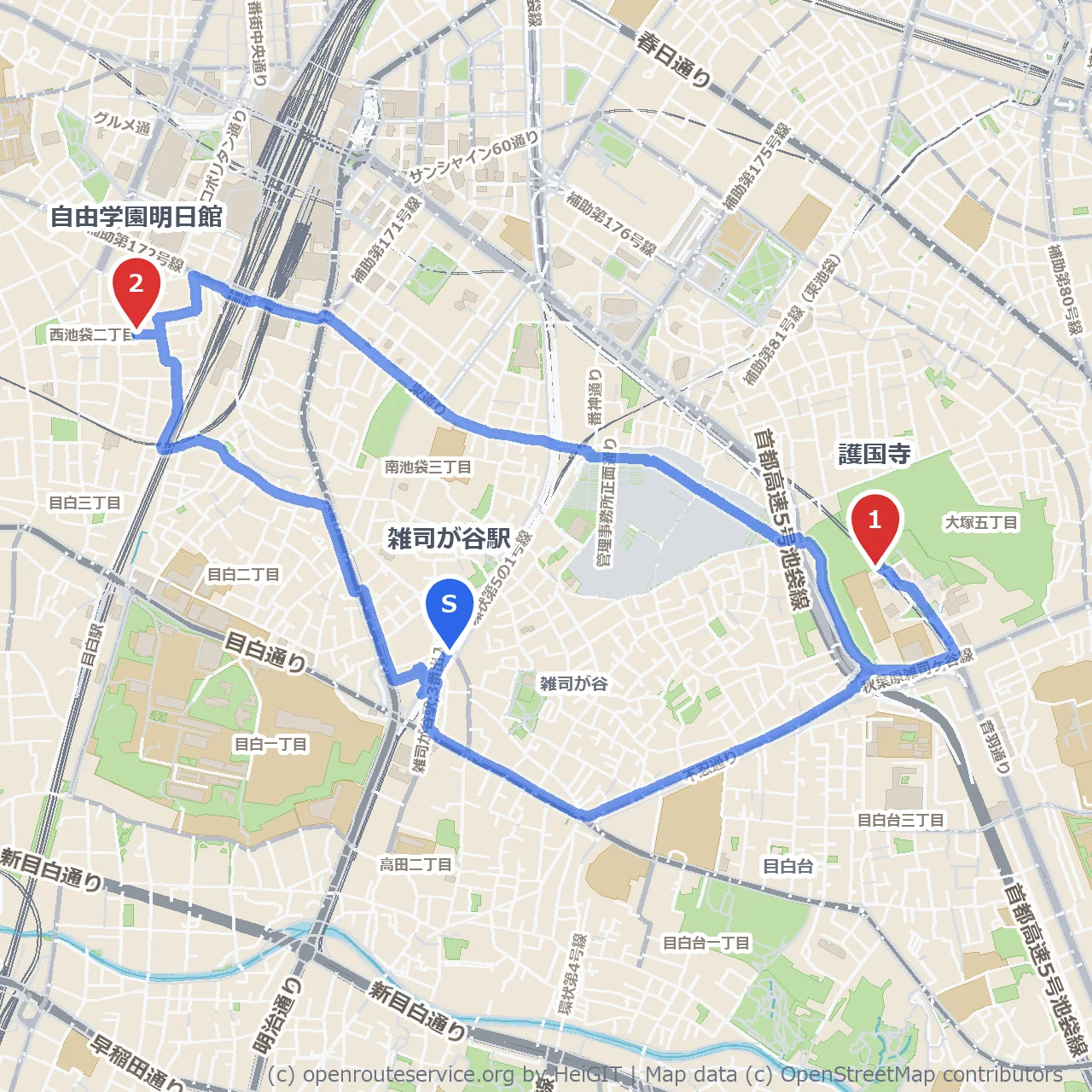 護国寺の歴史と自由学園明日館の散策道 のコースマップ