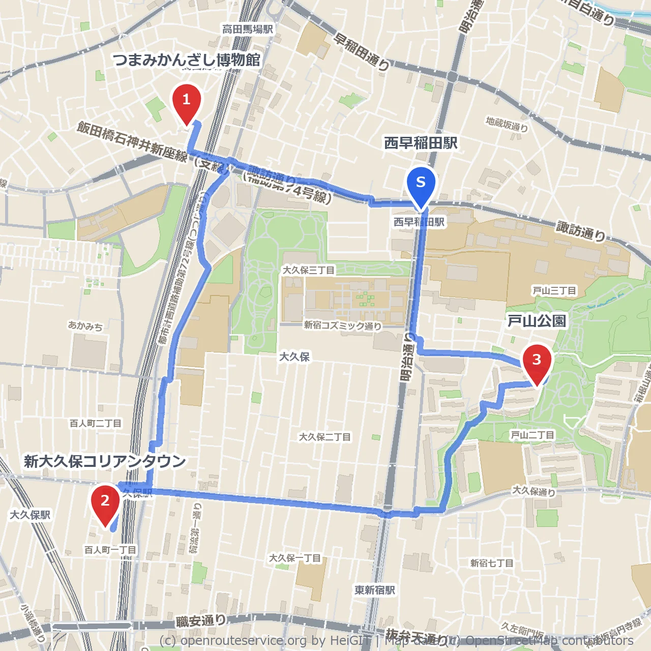 新大久保コリアンタウンと戸山公園の歴史歩き のコースマップ