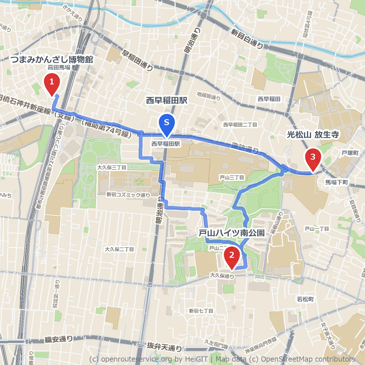 つまみかんざし博物館と放生寺を巡る静かな散歩 のコースマップ