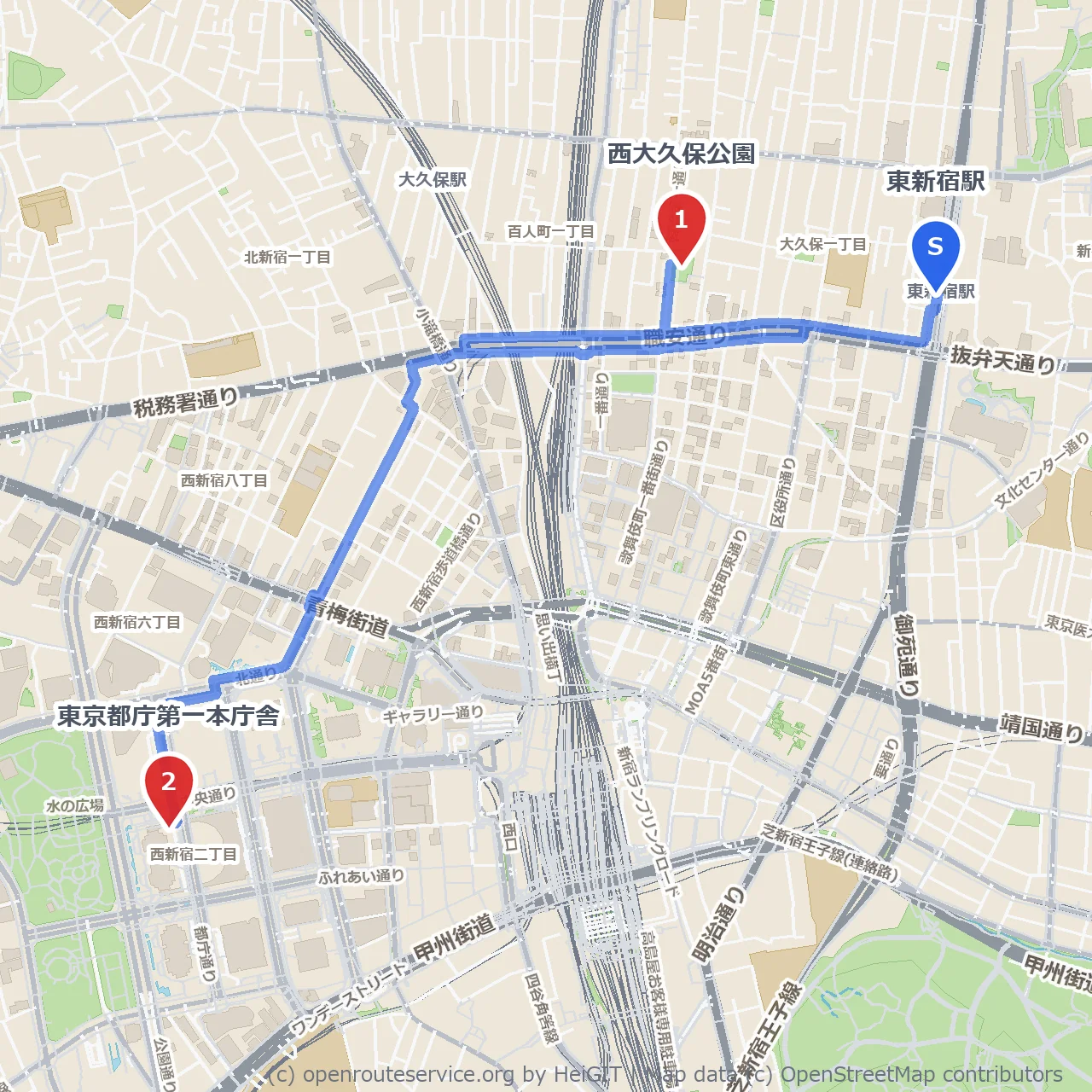 西大久保公園から望む東京都庁の散策路 のコースマップ
