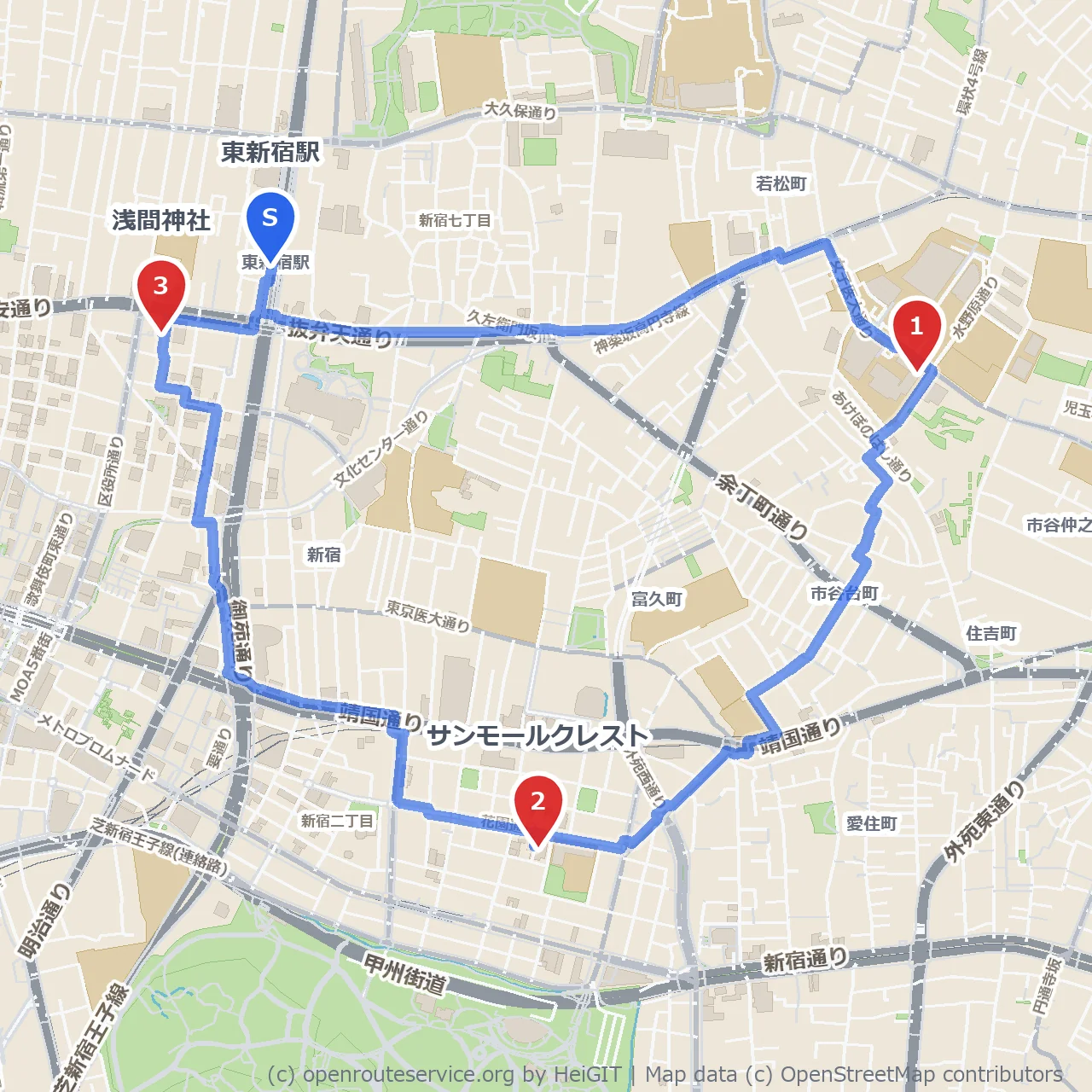 東新宿周辺の歴史と文化を巡る歩き旅 のコースマップ