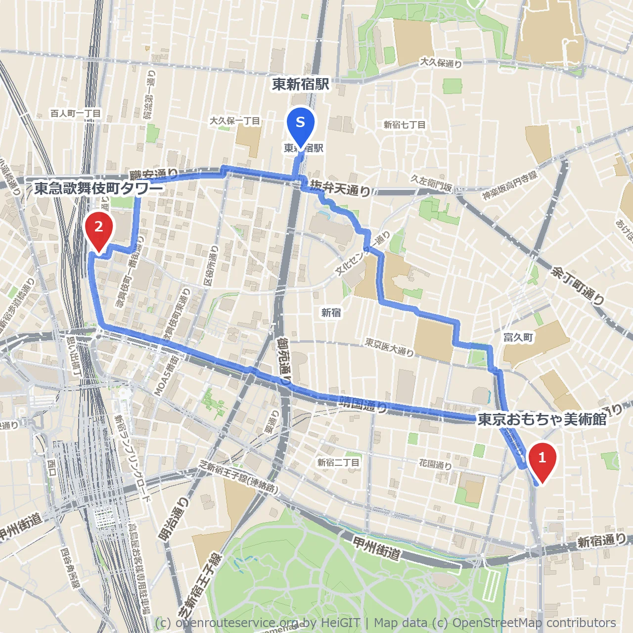 東京おもちゃ美術館と歌舞伎町タワーの散策路 のコースマップ