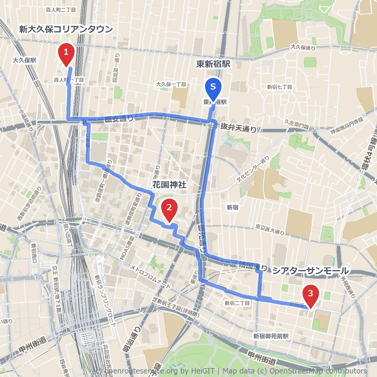 新大久保コリアンタウンと花園神社を歩く道 のコースマップ