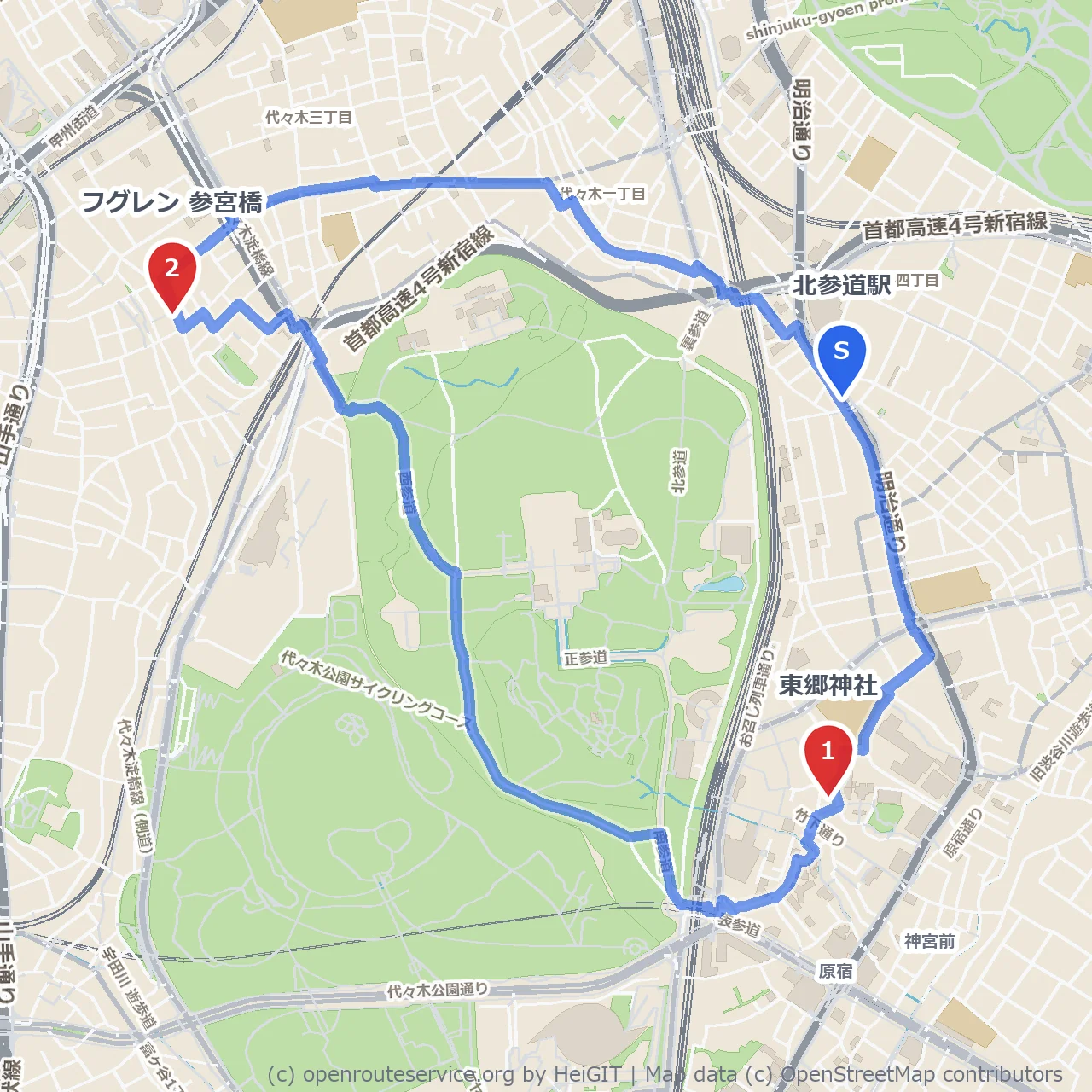 東郷神社からフグレン参宮橋へ自然と珈琲の散策路 のコースマップ