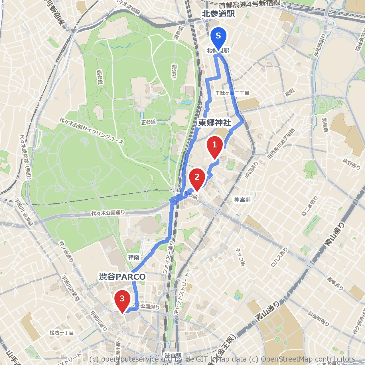 東郷神社と原宿クエストを巡るモダンな街歩き のコースマップ