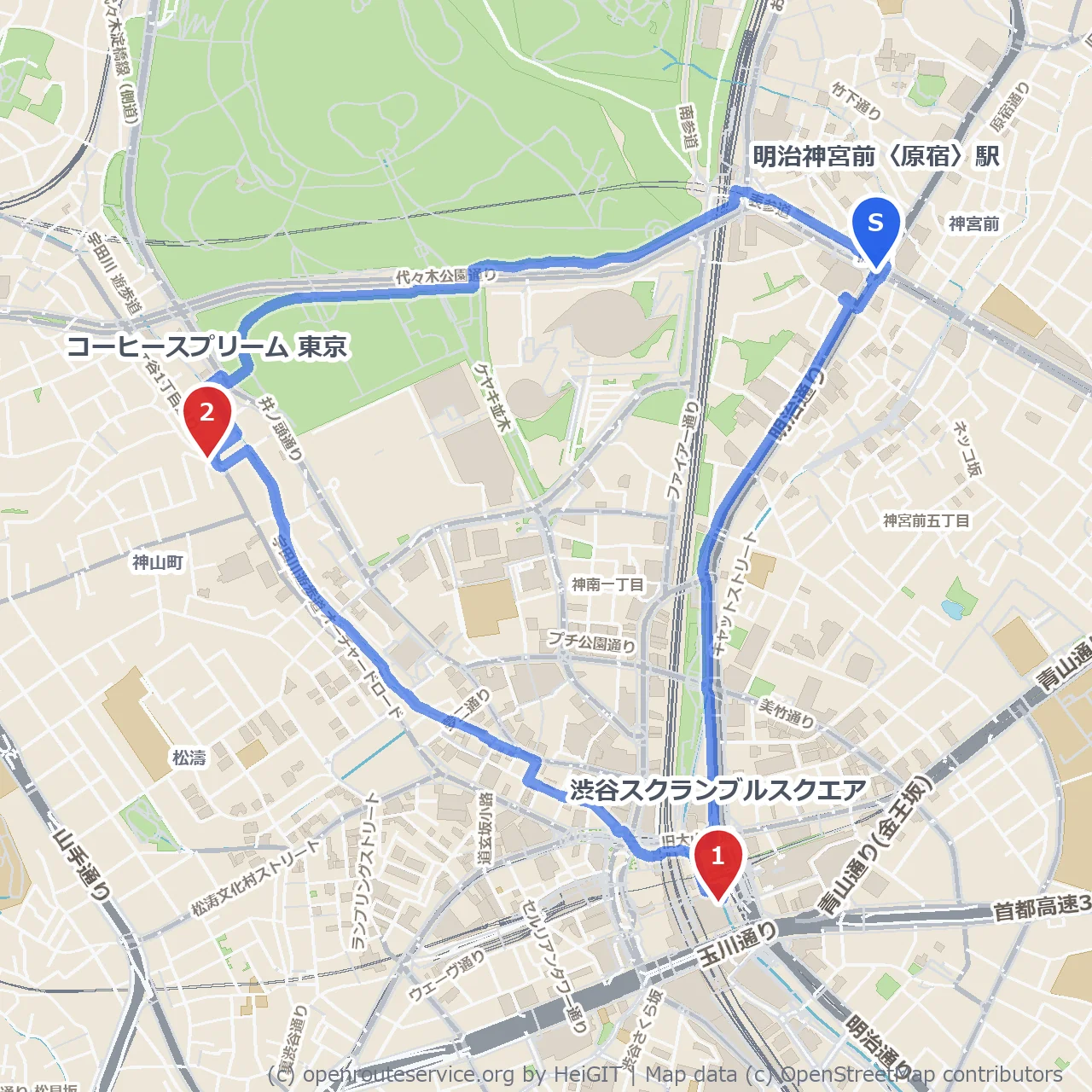 渋谷スクランブル四季折々の街歩き のコースマップ