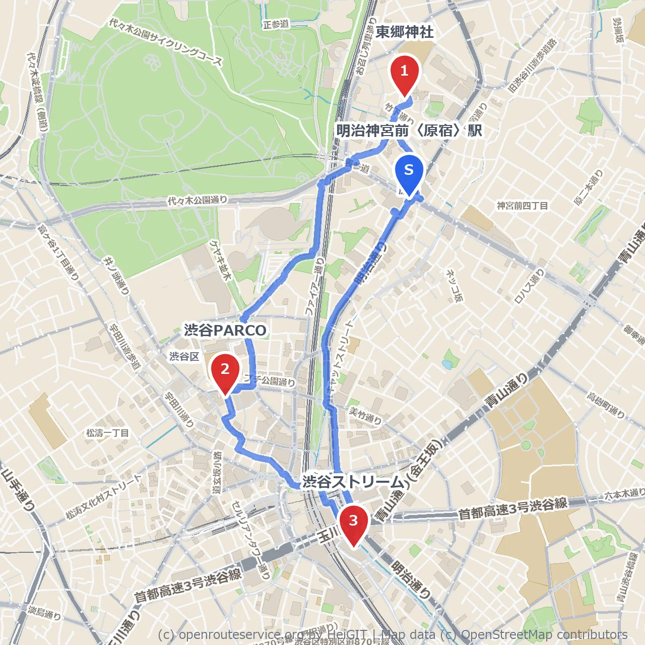 東郷神社と最新スポット巡り散歩道 のコースマップ