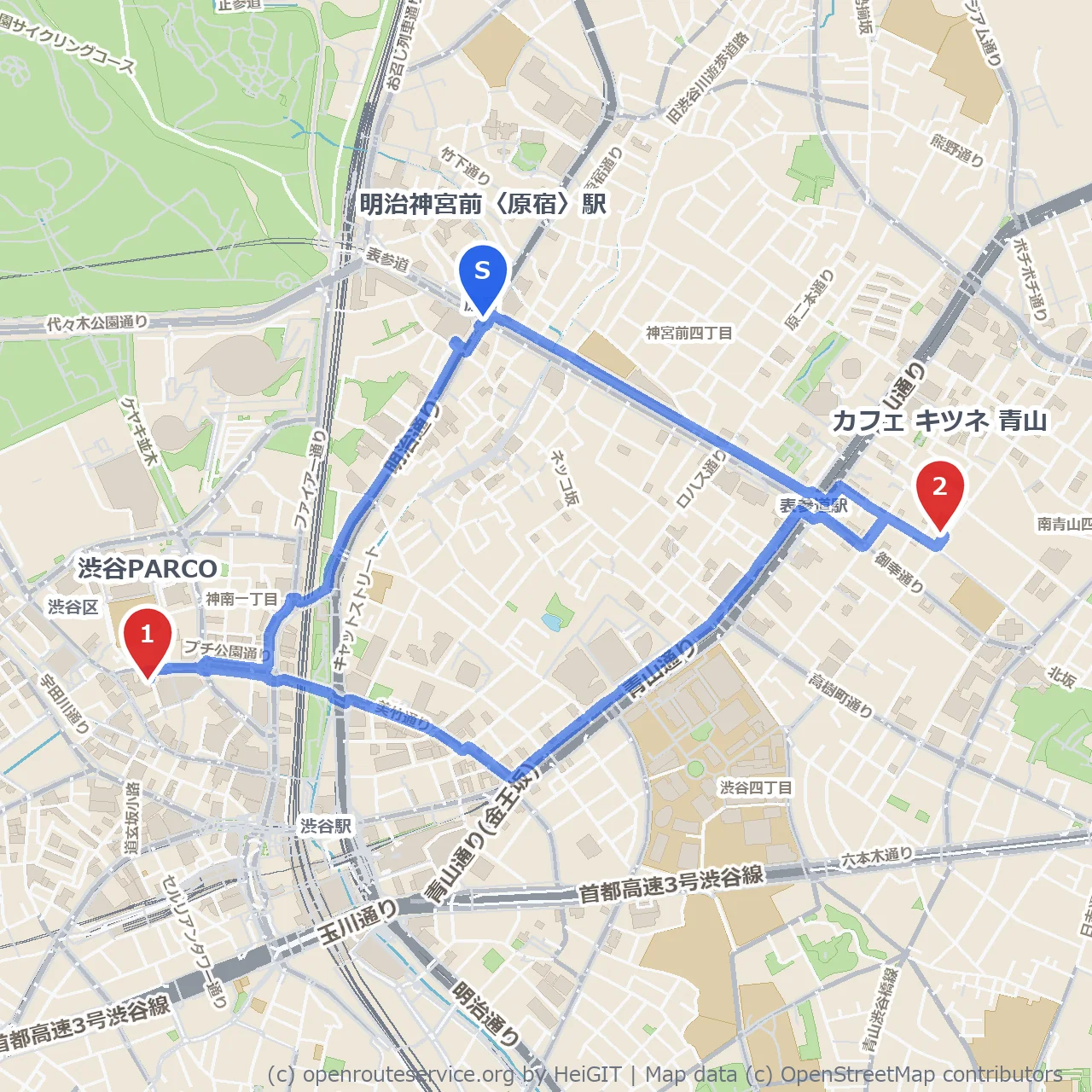 渋谷PARCOから青山カフェキツネへの散策 のコースマップ