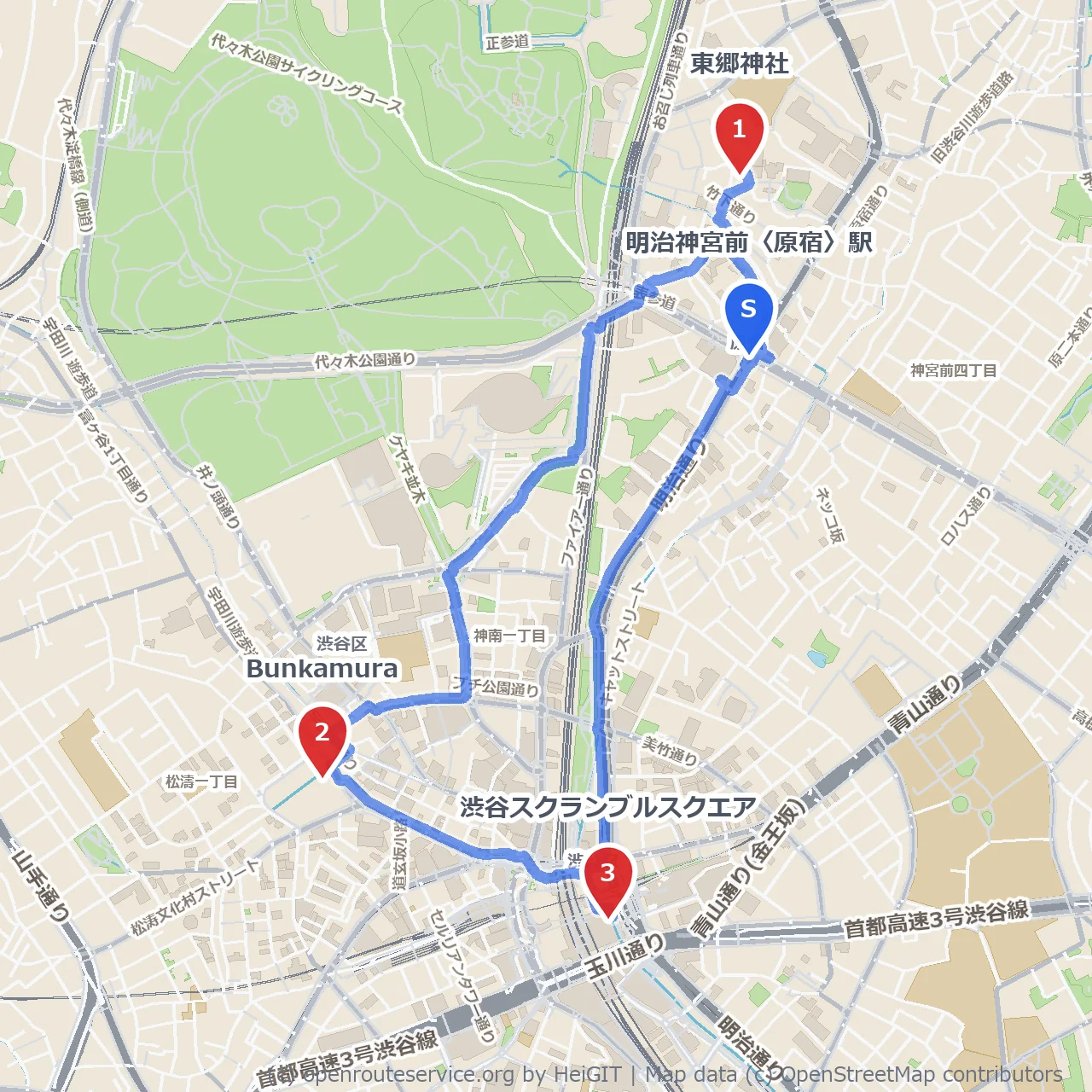 東郷神社とBunkamura文化散歩コース のコースマップ
