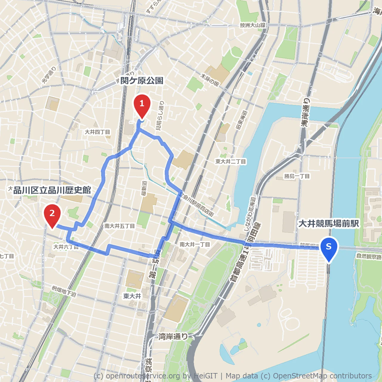 関ケ原公園から歴史館へ歩く品川静かな公園道 のコースマップ