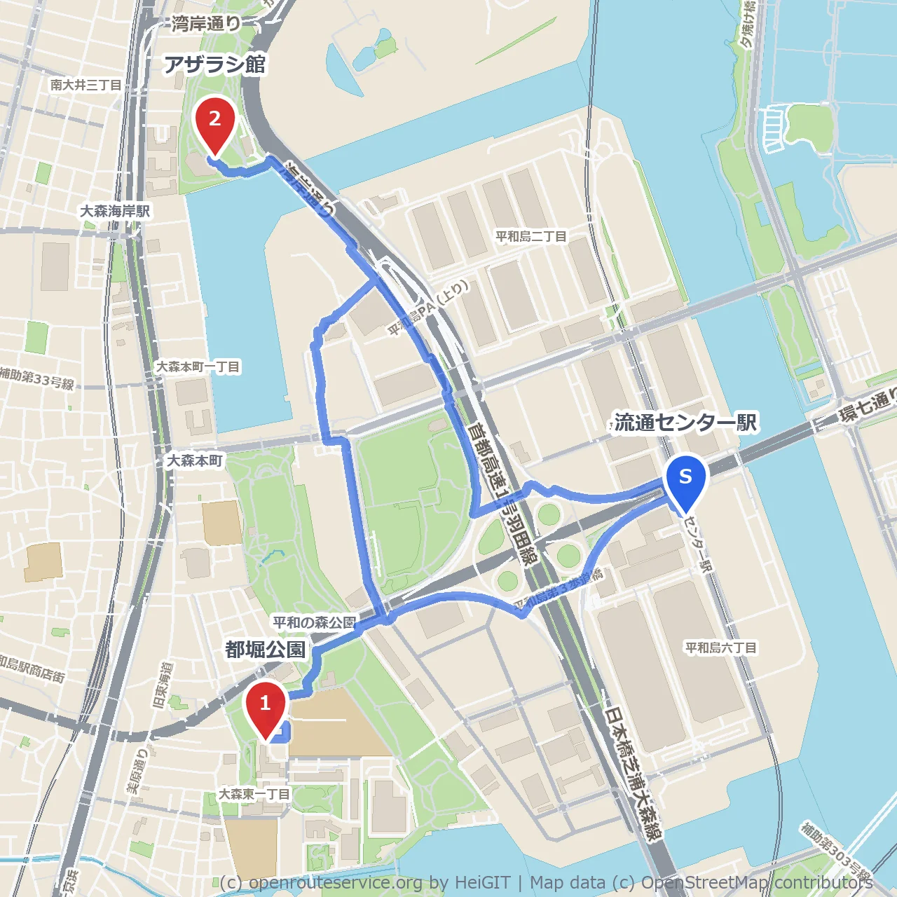 都堀公園とアザラシ館を巡る流通センター駅周辺散歩 のコースマップ