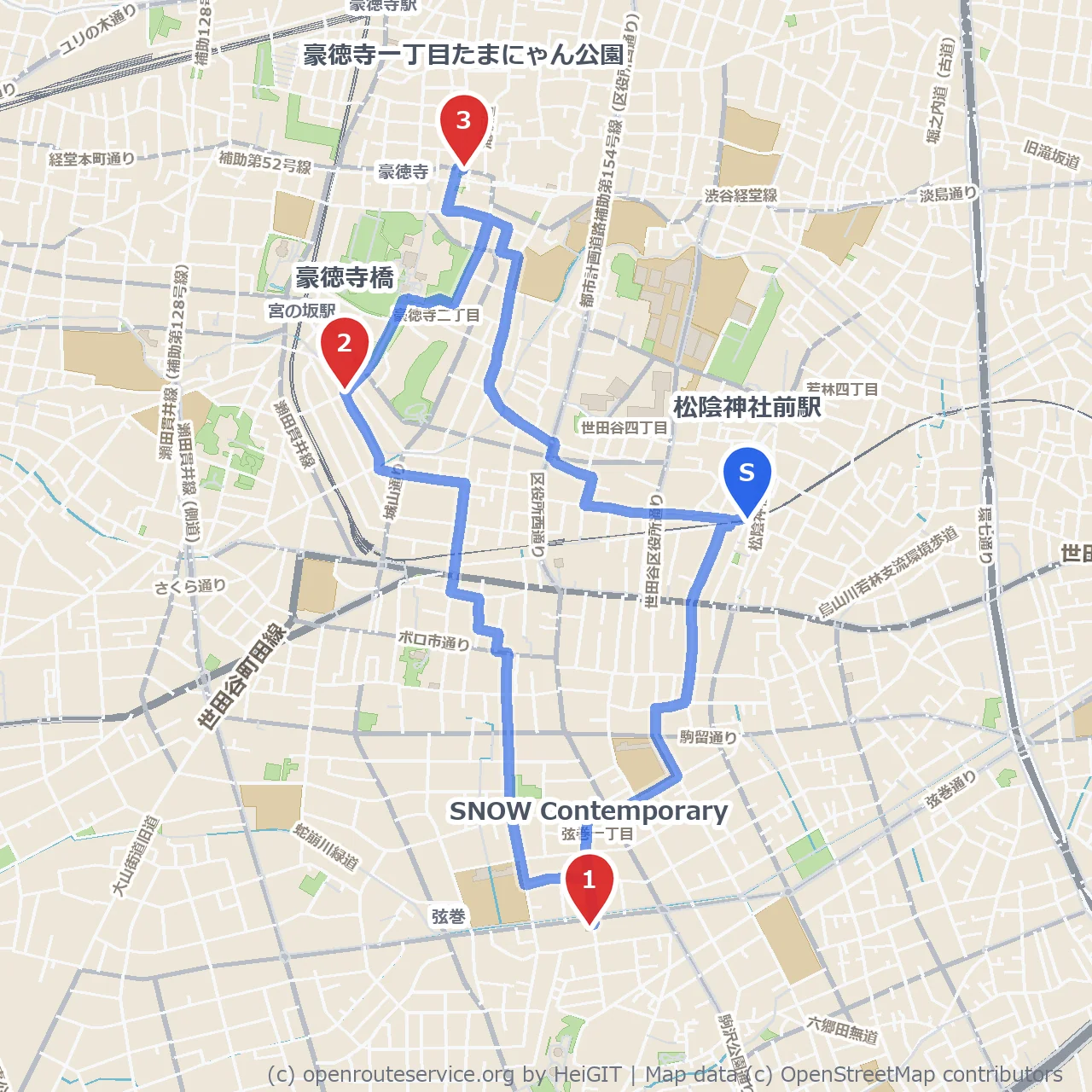 現代アートと豪徳寺橋を楽しむ松陰神社前の散歩 のコースマップ