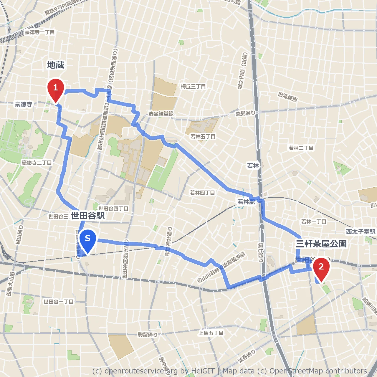 地蔵から三軒茶屋公園への歴史と緑の散歩道 のコースマップ