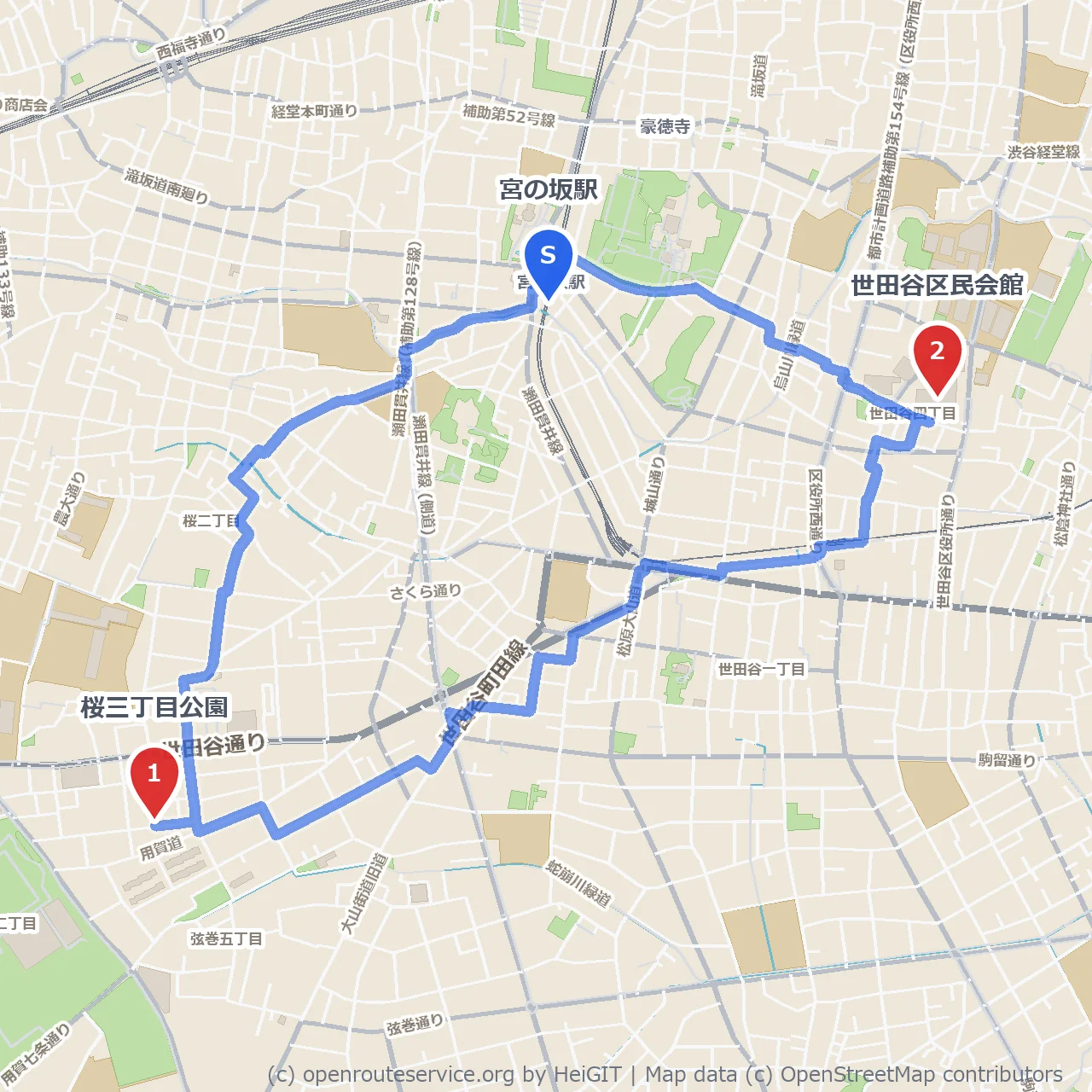 桜三丁目公園から世田谷区民会館へ 静かな街並み散策 のコースマップ