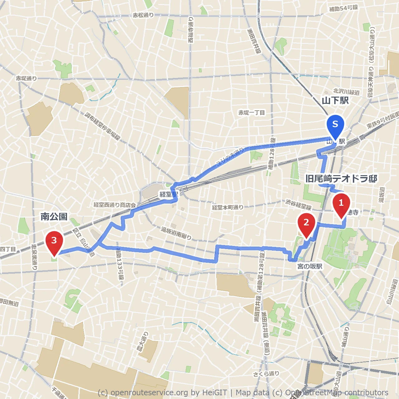 世田谷招魂社と南公園を巡る旧跡めぐり のコースマップ