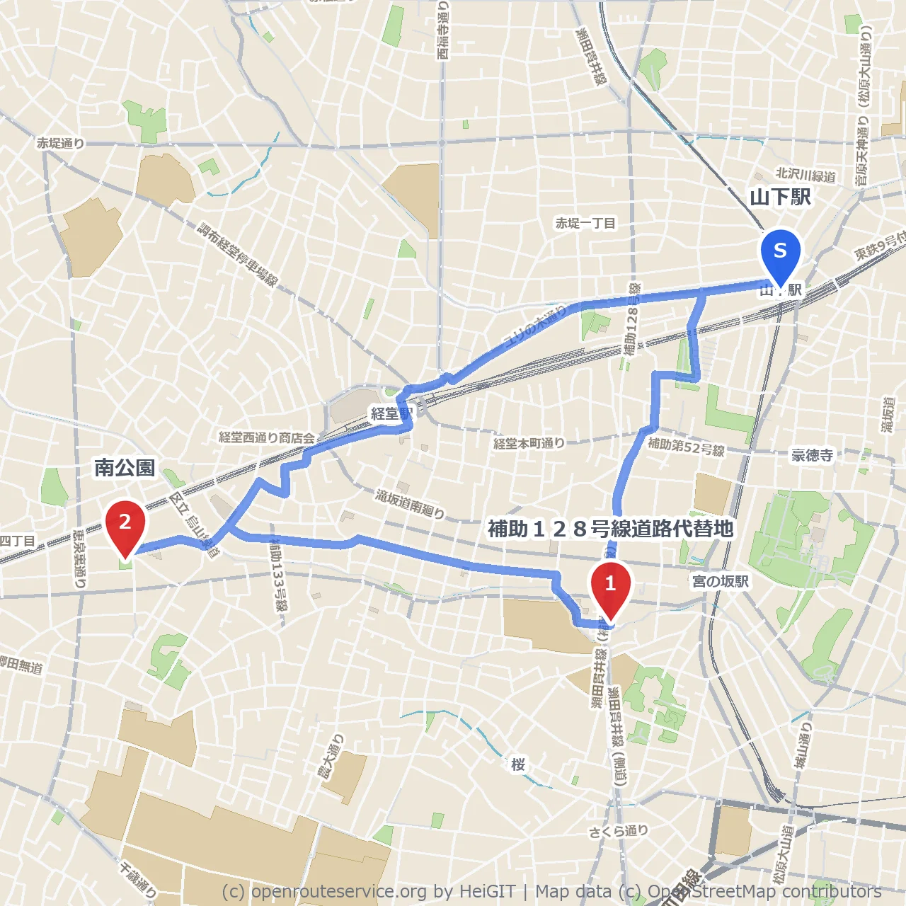 補助128号線代替地から南公園への自然散歩 のコースマップ