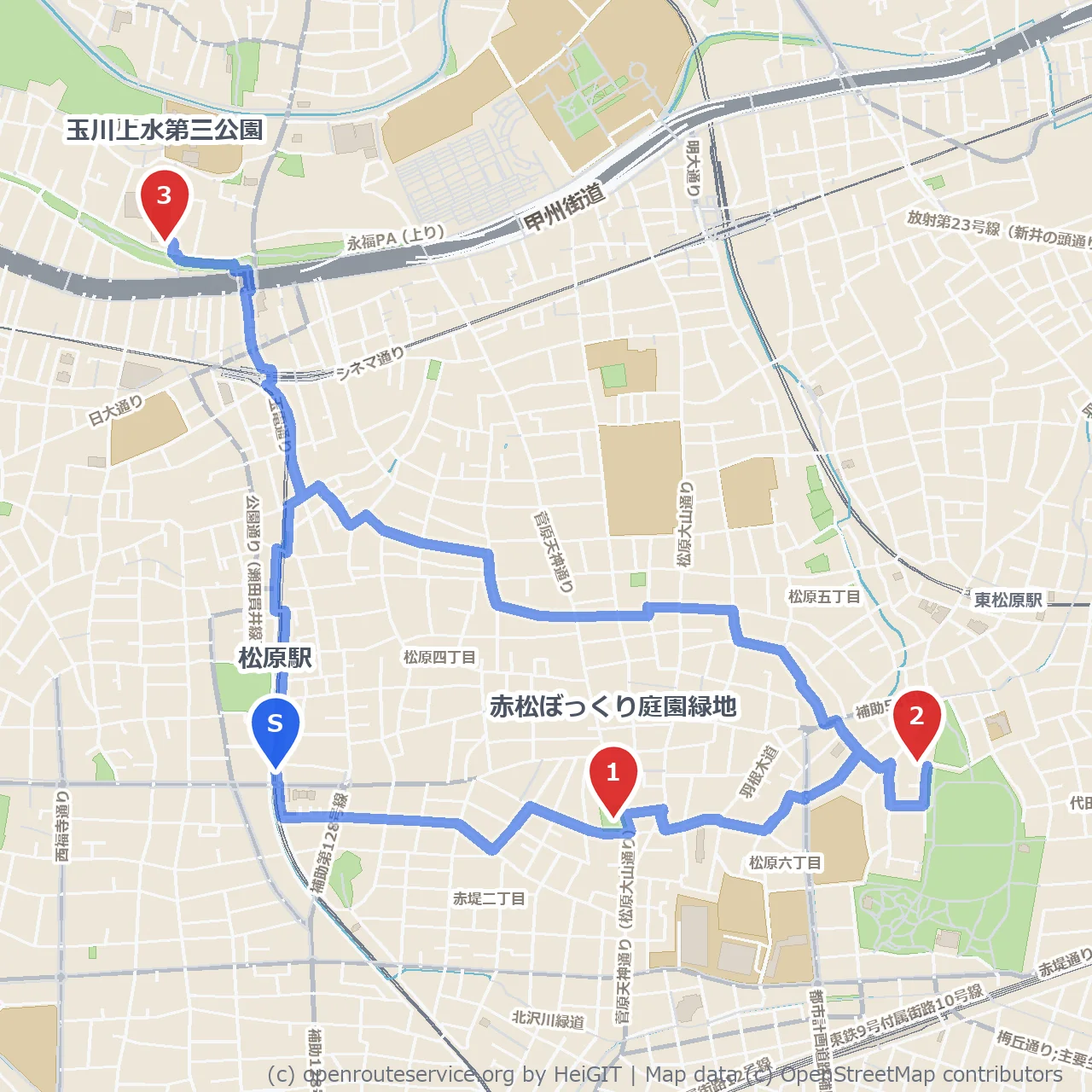 赤松ぼっくり庭園と玉川上水第三公園の自然めぐり のコースマップ