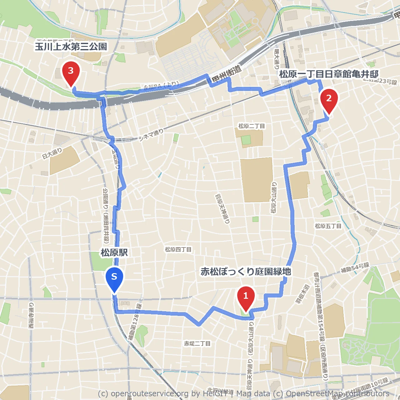 歴史的亀井邸と玉川上水を巡る赤松庭園散歩道 のコースマップ