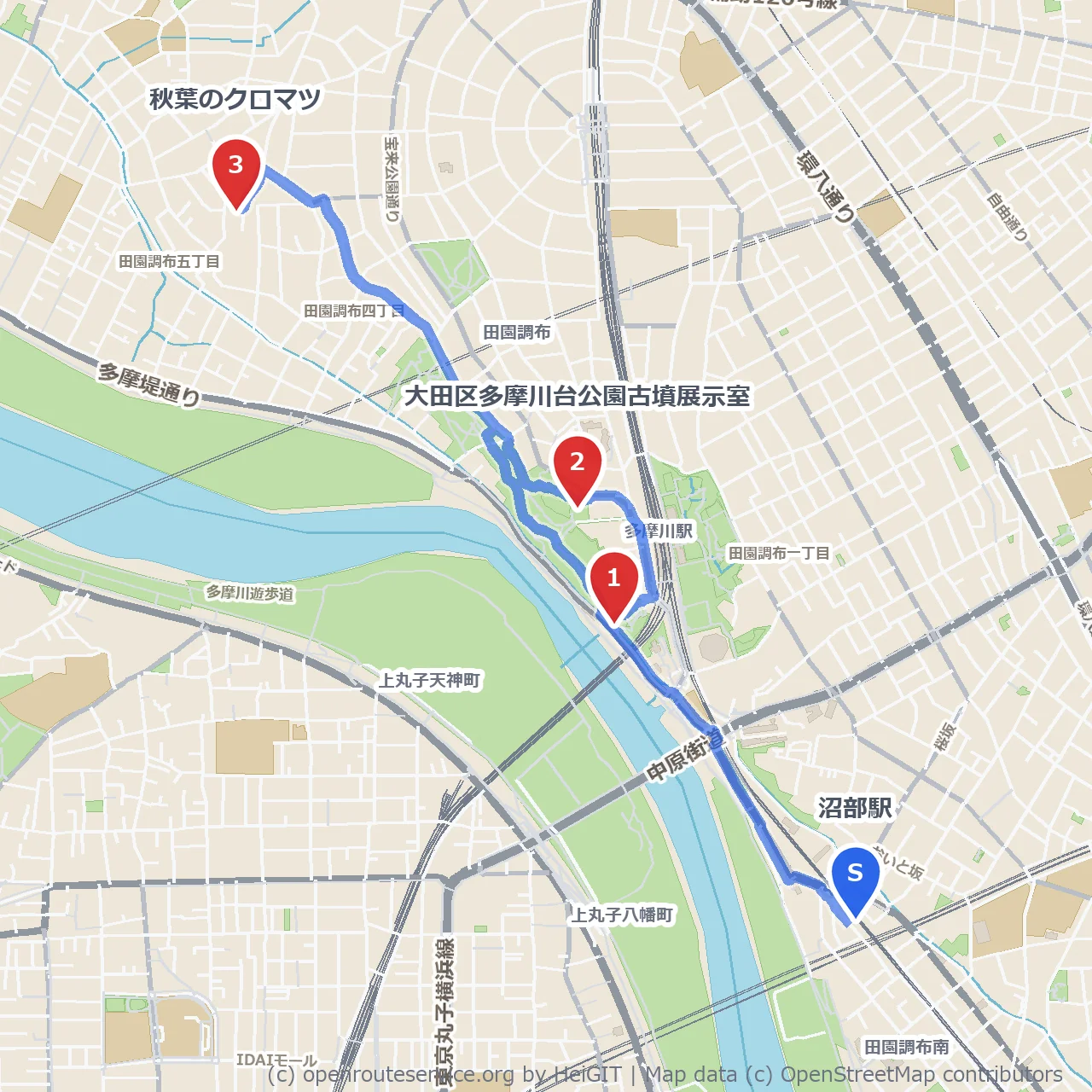 多摩川台公園と古墳展示室を巡る歴史散歩 のコースマップ