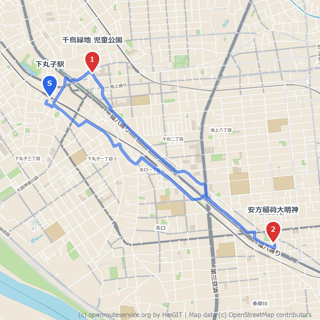 下丸子 千鳥緑地と安方稲荷巡り散歩 のコースマップ
