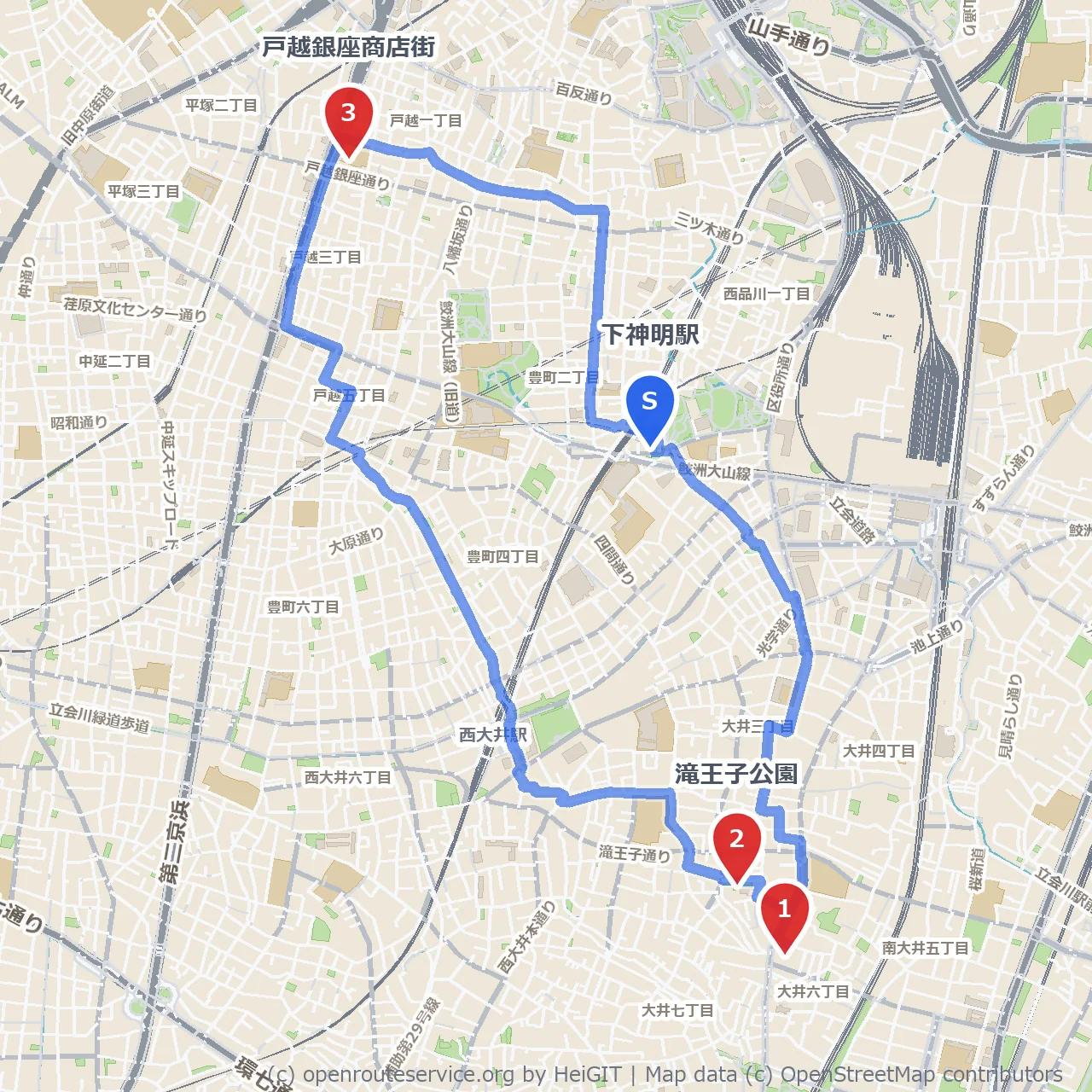 歴史館から滝王子公園 戸越銀座の街並み散歩 のコースマップ
