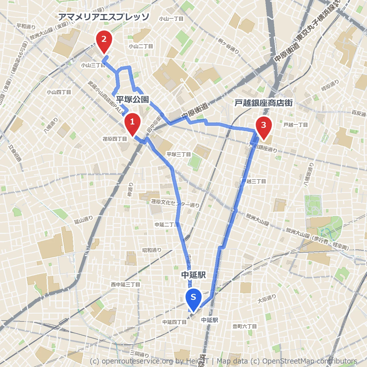 中延の平塚公園と戸越銀座商店街カフェ巡り のコースマップ
